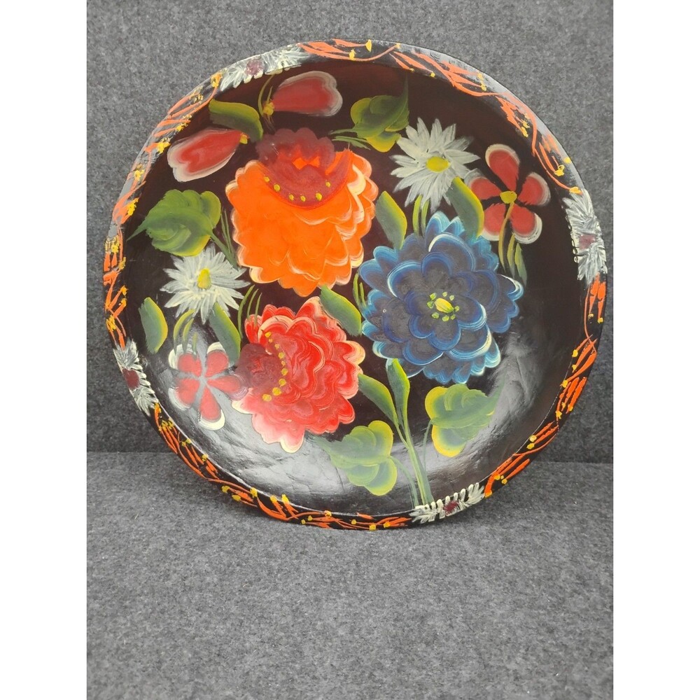 Vintage Mexican Batea Hand Painted Wooden Bowl 1970s Folk Art Platter 11 Inch